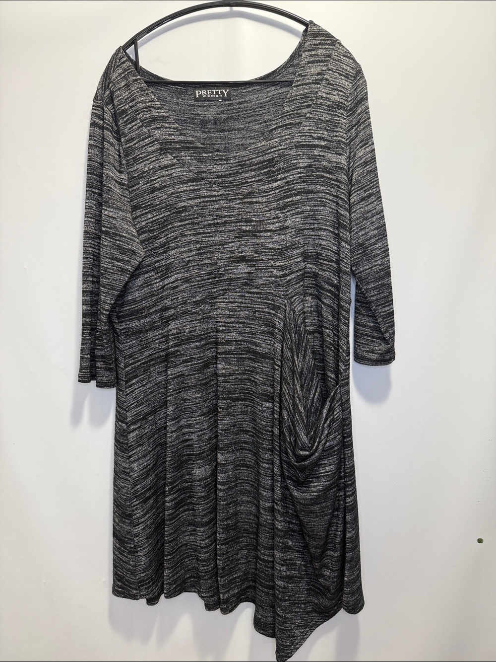Pretty Women Lagenlook Tunic Dress Grey Black Asymmetrical Pocket Boho Size L